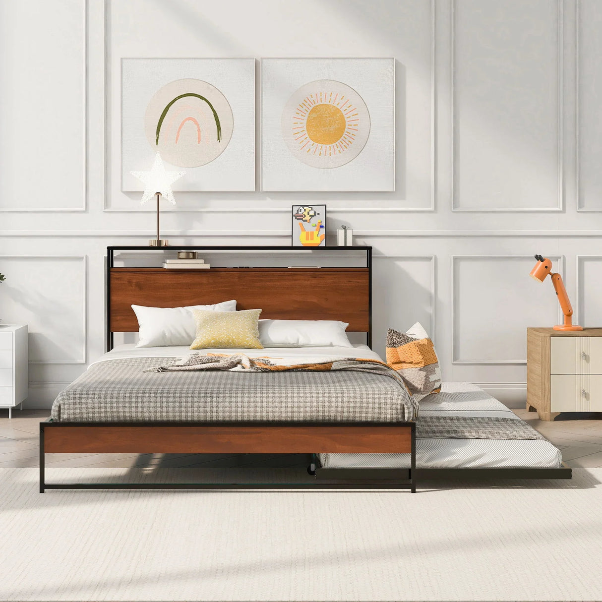 Platform Bed Frame With Trundle, USB Ports And Slat Support, No Box Spring Needed - Furniture Home Direct