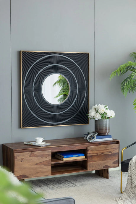 Square Carved Mirror With Pleated Design WithIron Frame, Neutral Colorway Wall Decor For Living Room Bathroom Entryway - Furniture Home Direct