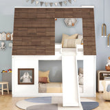 Wood Twin Size House Bunk Bed With Roof, Ladder And Slide - White / Brown - Furniture Home Direct