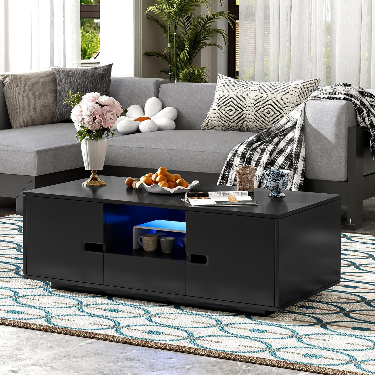 Modern High Glossy Rectangle Coffee Table With 16 Color LED Lights For Living Room - Furniture Home Direct