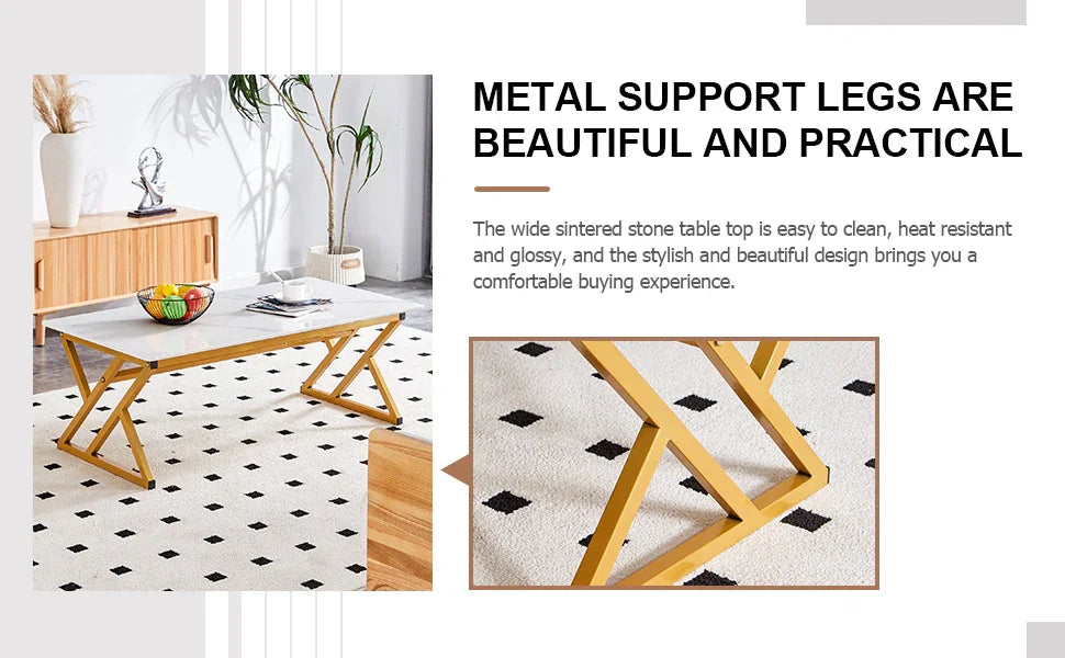 Coffee Table Marble Top Contemporary With Gold Frame White - Furniture Home Direct