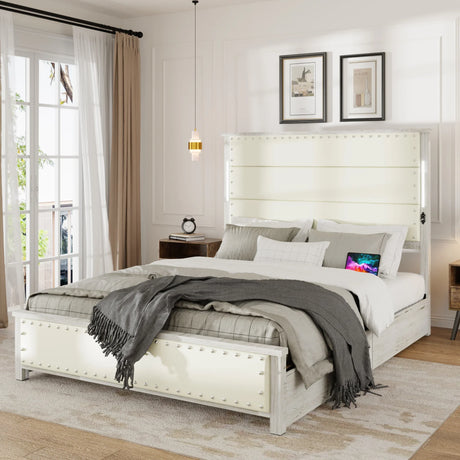 Queen Bed With Upholstered Headboard And Wood Frame Beige - Furniture Home Direct