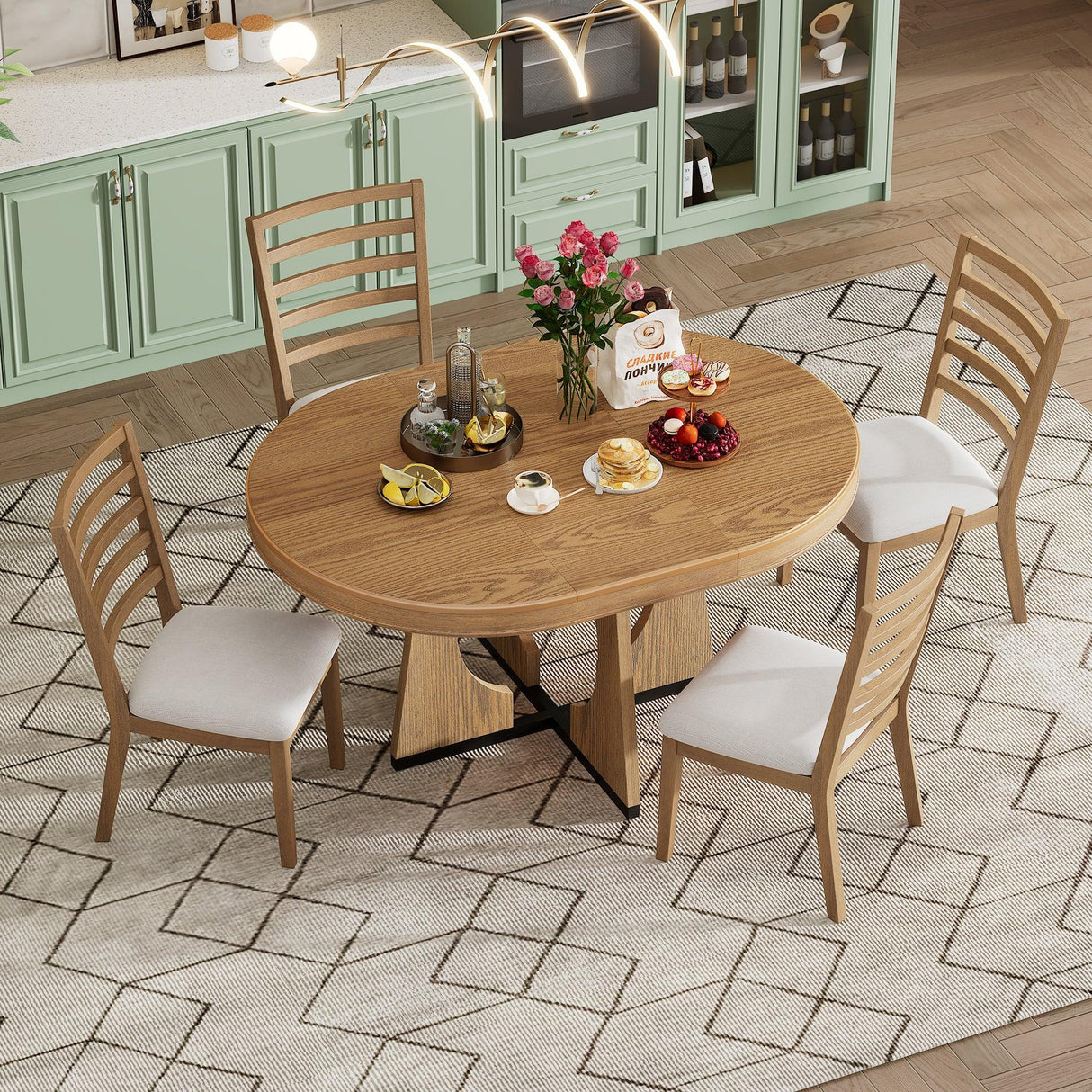 Dining Set Round Wood Table With Ladder Back Chairs Natural - Furniture Home Direct