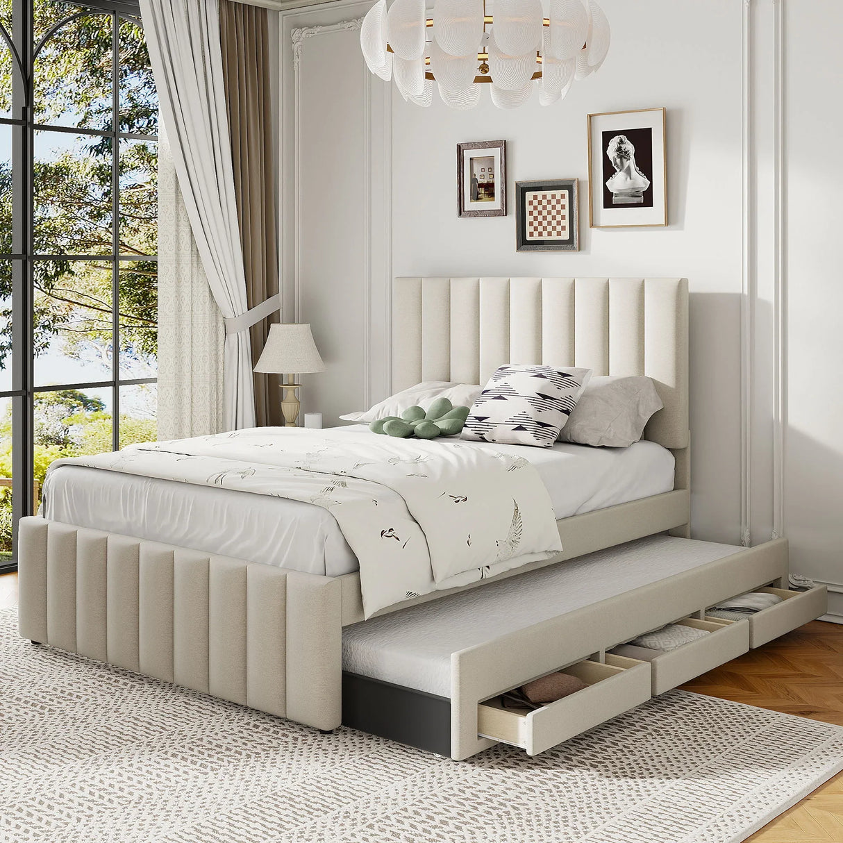 Upholstered Platform Bed With Twin Size Trundle And 3 Drawers - Furniture Home Direct