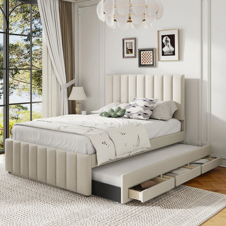 Upholstered Platform Bed With Twin Size Trundle And 3 Drawers - Furniture Home Direct
