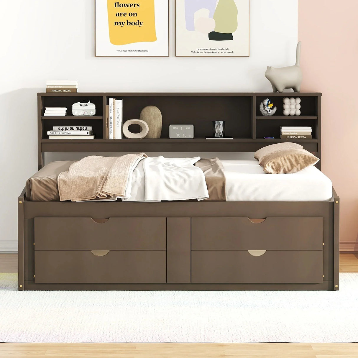 Daybed With 2 Bedside Cabinets, Upper Shelves And 4 Drawers - Furniture Home Direct