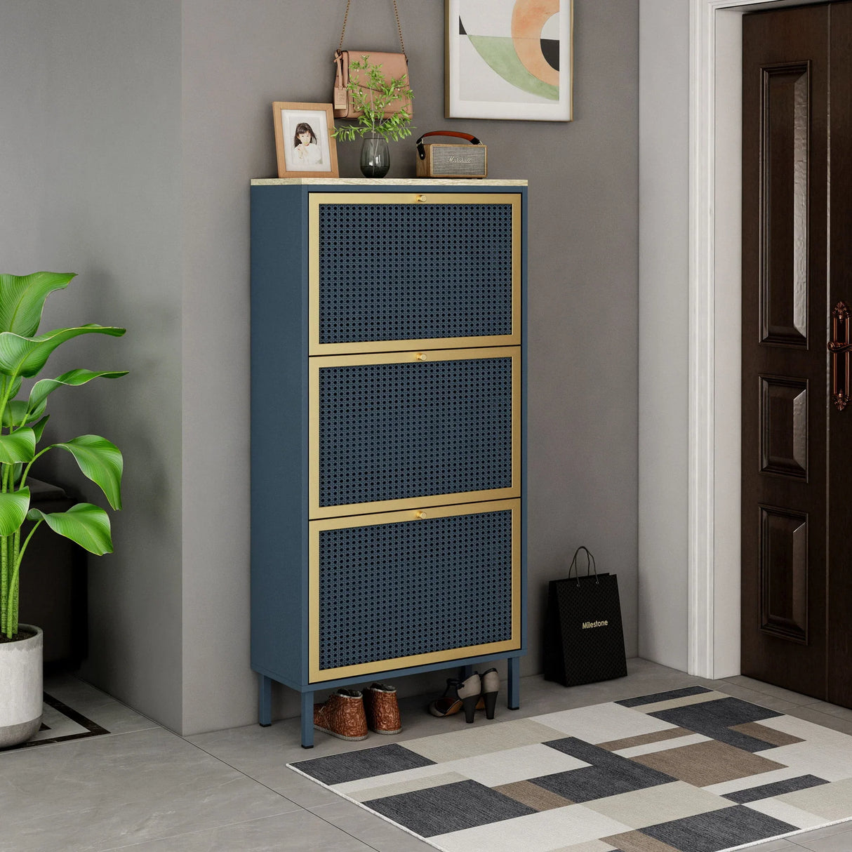 Modern Rattan 3 Door Shoe Rack Cabinet For Entryway - Furniture Home Direct