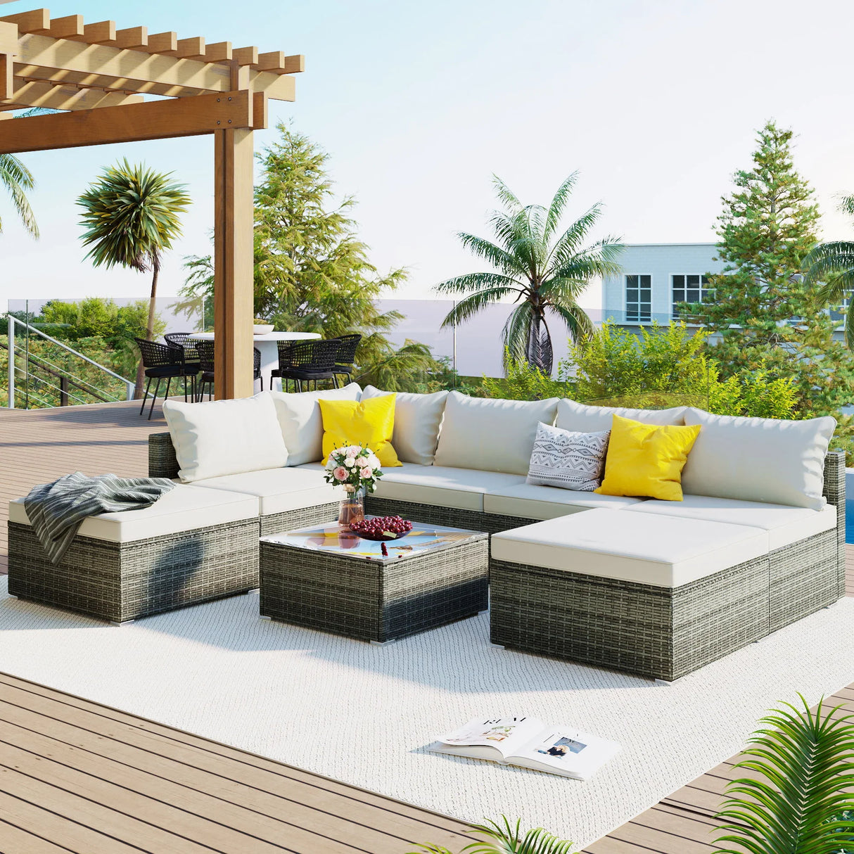8 Pieces Outdoor Patio Furniture Conversation Wicker Sofa Set - Furniture Home Direct