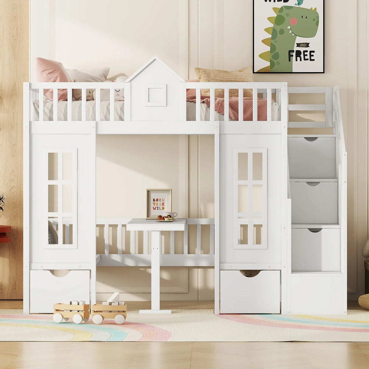 Twin Over Twin Bunk Bed With Changeable Table, Bunk Bed Turn Into Upper Bed And Down Desk - Furniture Home Direct
