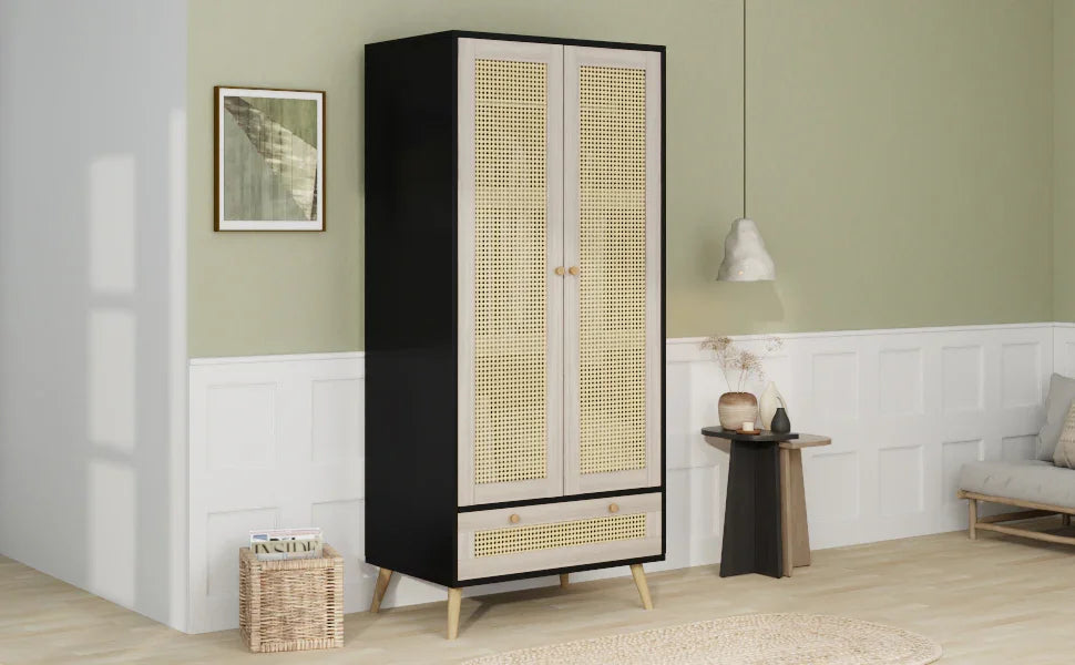 Wardrobe With 2 Rattan Doors And Drawer Natural Black - Furniture Home Direct