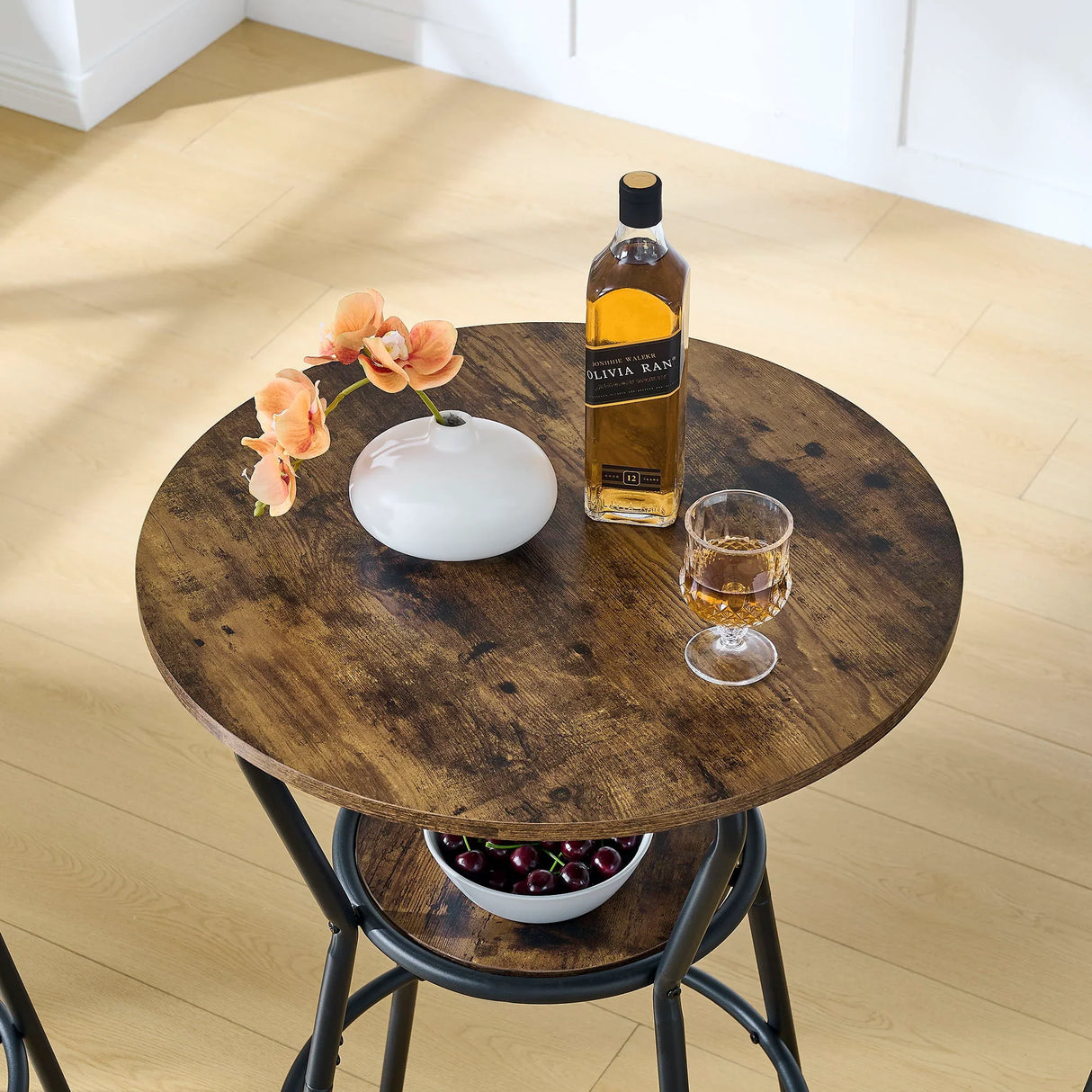 Rustic Brown Round Bar Table And Stool Set With Shelf, Upholstered Stool With Backrest - Antique Brown - Furniture Home Direct