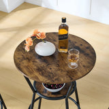 Rustic Brown Round Bar Table And Stool Set With Shelf, Upholstered Stool With Backrest - Antique Brown - Furniture Home Direct
