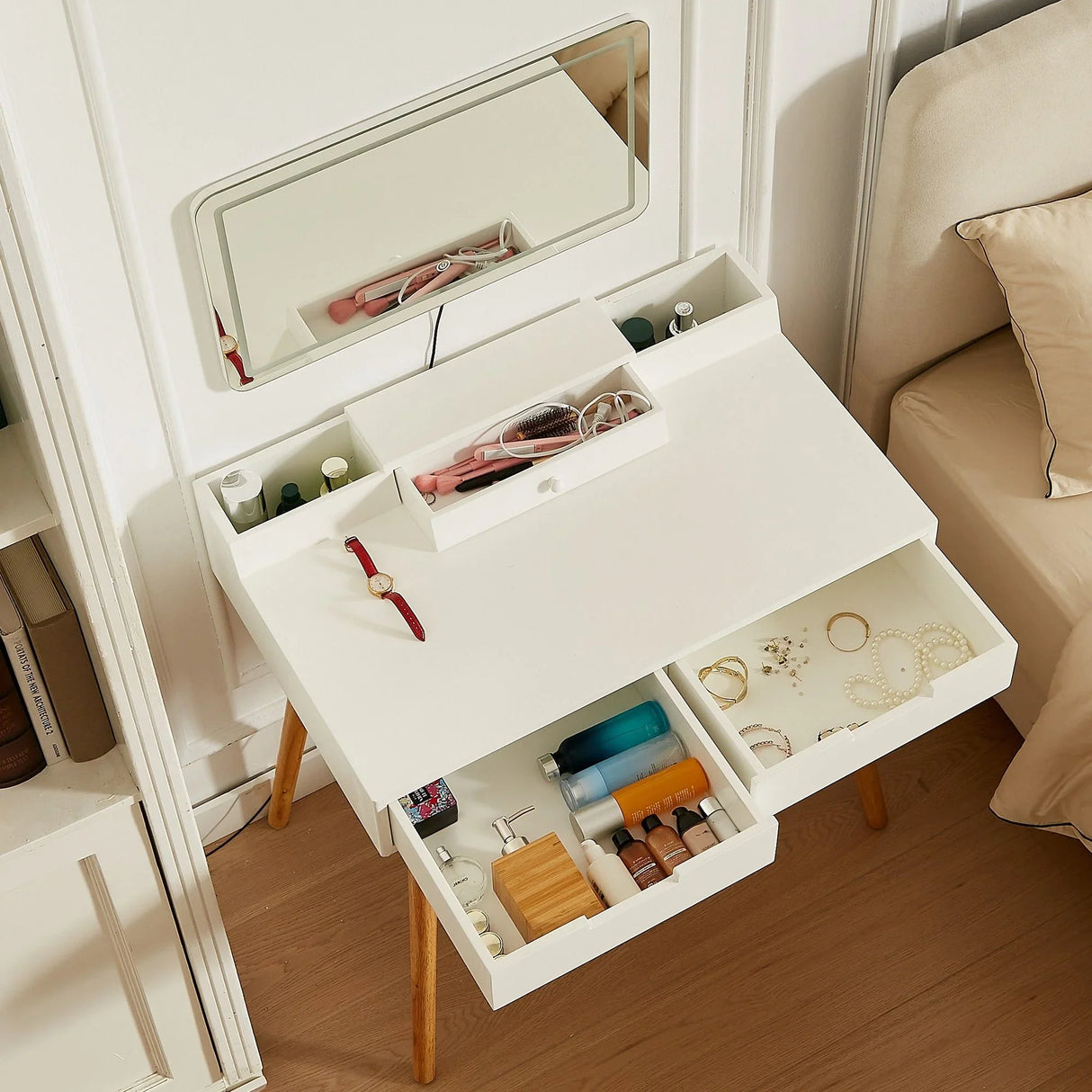 Makeup Vanity Desk With Removable Mirror And Lights, 3 Color Modes & Adjustable Brightness Dressing Table, Small Vanity Table Set With 2 Drawers For Bedroom - White - Furniture Home Direct