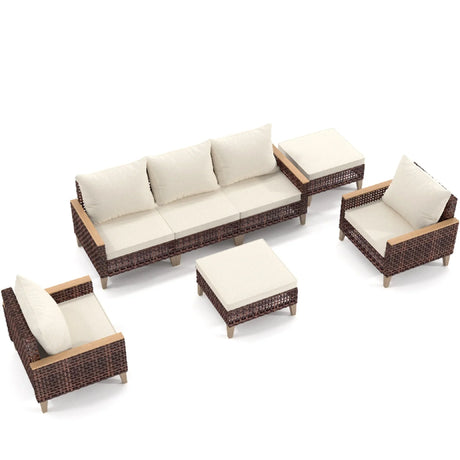 5 Piece Rattan Terrace Furniture Set, 7 Seats Cushions, High Footed Design - Furniture Home Direct