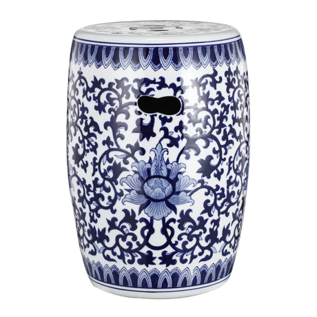 Ceramic Garden Stool, Small Side Tabel - White / Blue - Furniture Home Direct