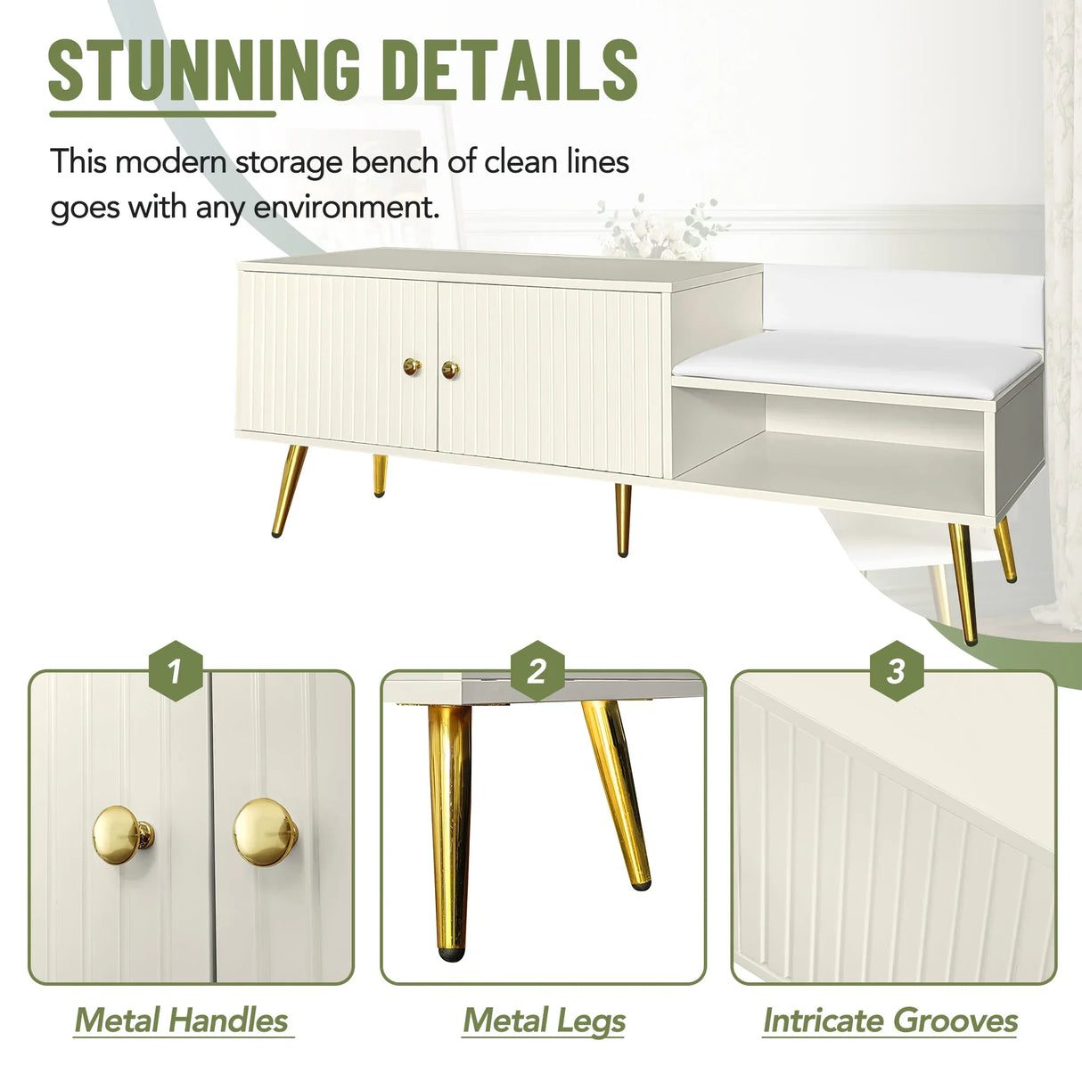 Modern Shoe Storage with Upholstered Cushions - Antique White - Furniture Home Direct