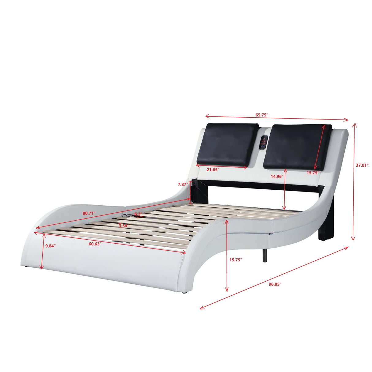 Upholstered Platform Bed Frame With LED Lighting, Bluetooth Connection To Play Music Control, Backrest Vibration Massage, Curve Design, Wood Slat Support, Exhibited Speakers - Furniture Home Direct
