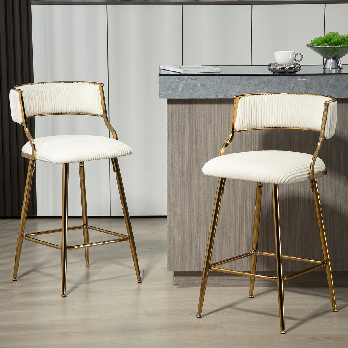Counter Height Bar Stool Backrest Corduroy Upholstery Beige - Furniture Home Direct