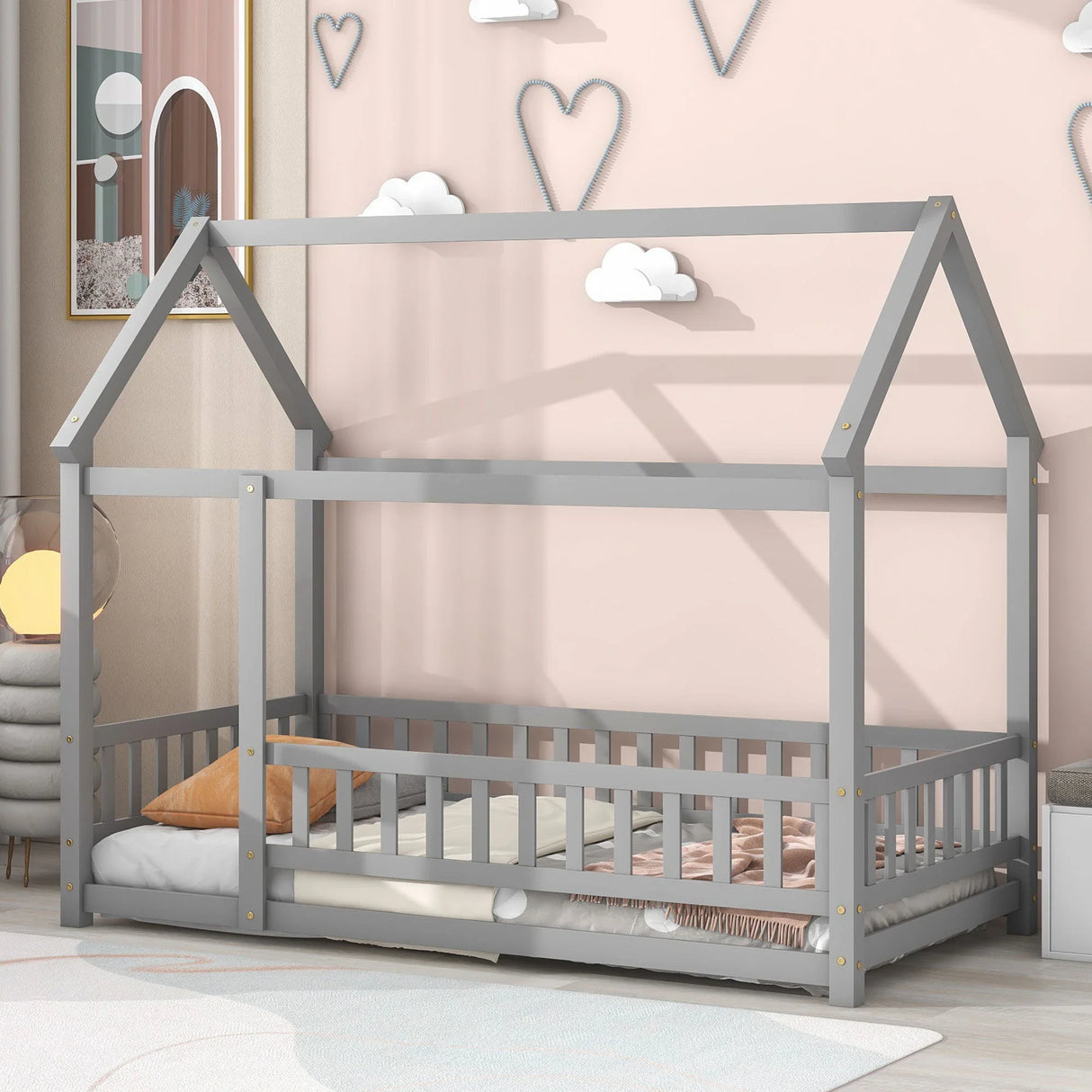Floor Wooden Bed With House Roof Frame, Fence Guardrails - Furniture Home Direct
