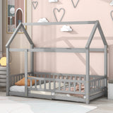 Floor Wooden Bed With House Roof Frame, Fence Guardrails - Furniture Home Direct