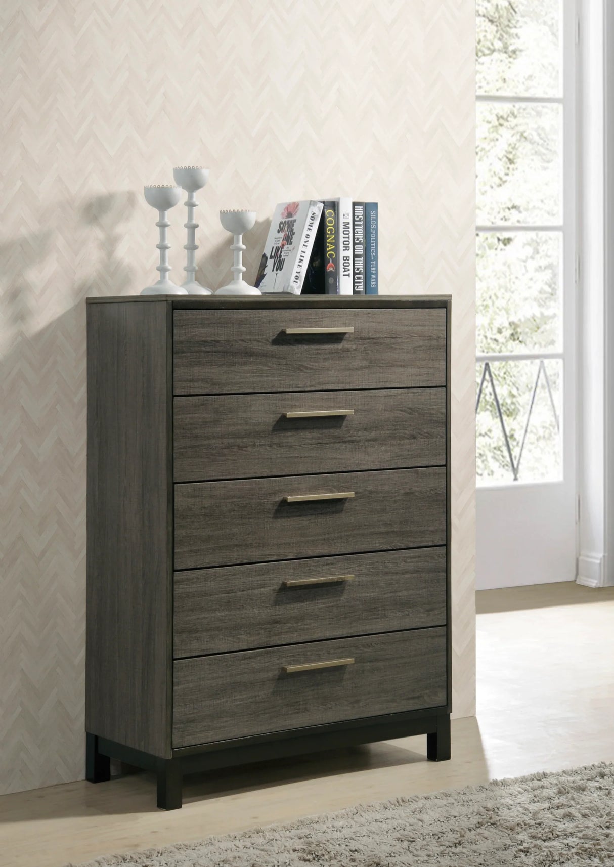 King Bedroom Set Modern Wood Dresser Mirror Nightstands Gray - Furniture Home Direct