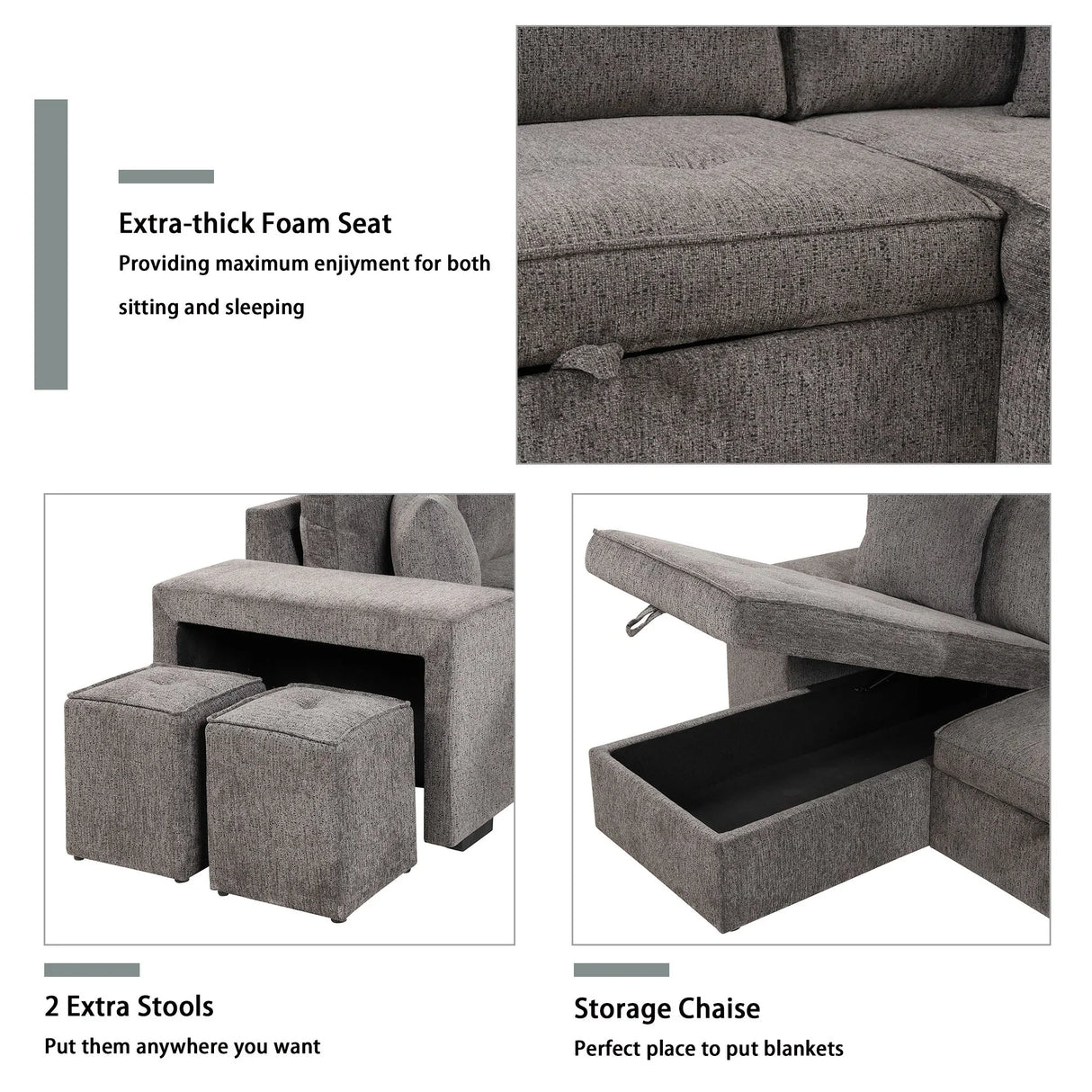 Modern L-Shape 3 Seat Reversible Sectional Couch, Pull Out Sleeper Sofa With Storage Chaise And 2 Stools For Living Room Furniture Set - Furniture Home Direct