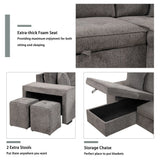 Modern L-Shape 3 Seat Reversible Sectional Couch, Pull Out Sleeper Sofa With Storage Chaise And 2 Stools For Living Room Furniture Set - Furniture Home Direct