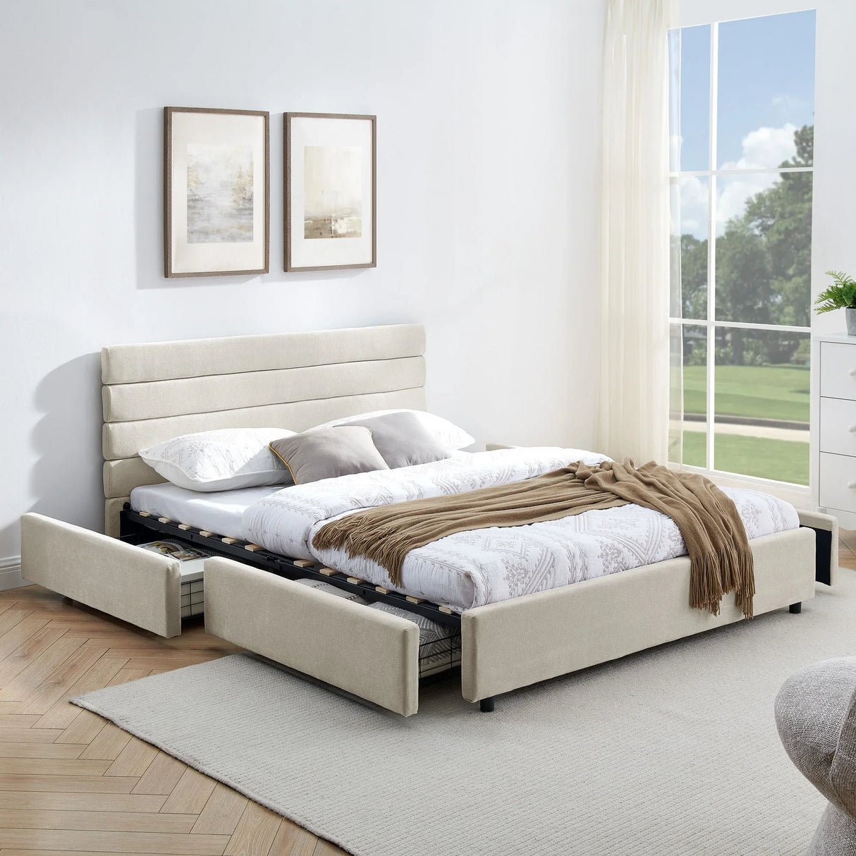 Modern Cushioned Bed Frame With Headboard And Drawers - Furniture Home Direct