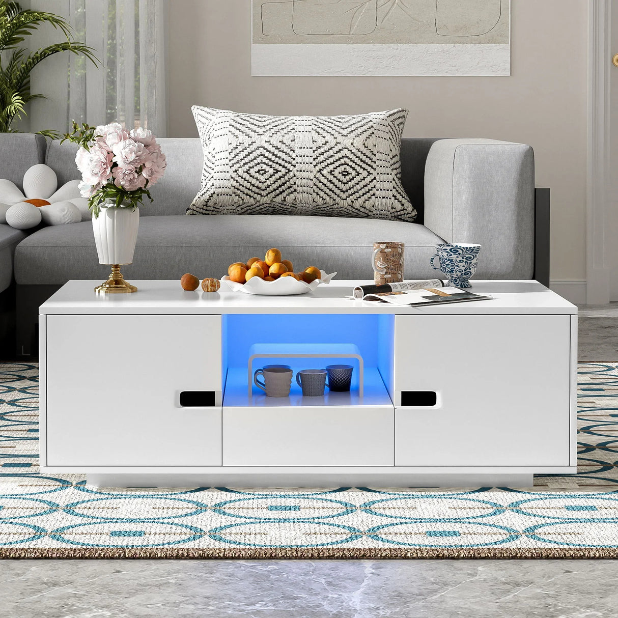 Modern High Glossy Rectangle Coffee Table With 16 Color LED Lights For Living Room - Furniture Home Direct