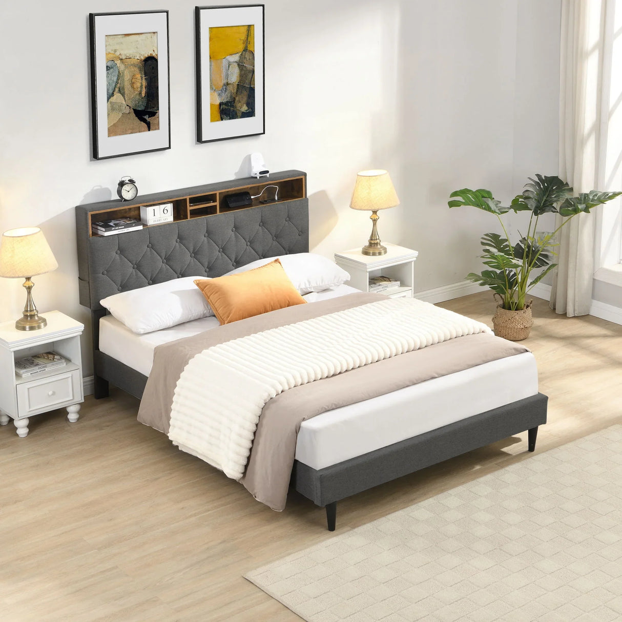 Modern Upholstered Platform Bed Frame With Button Tufted Headboard And USB Ports - Furniture Home Direct