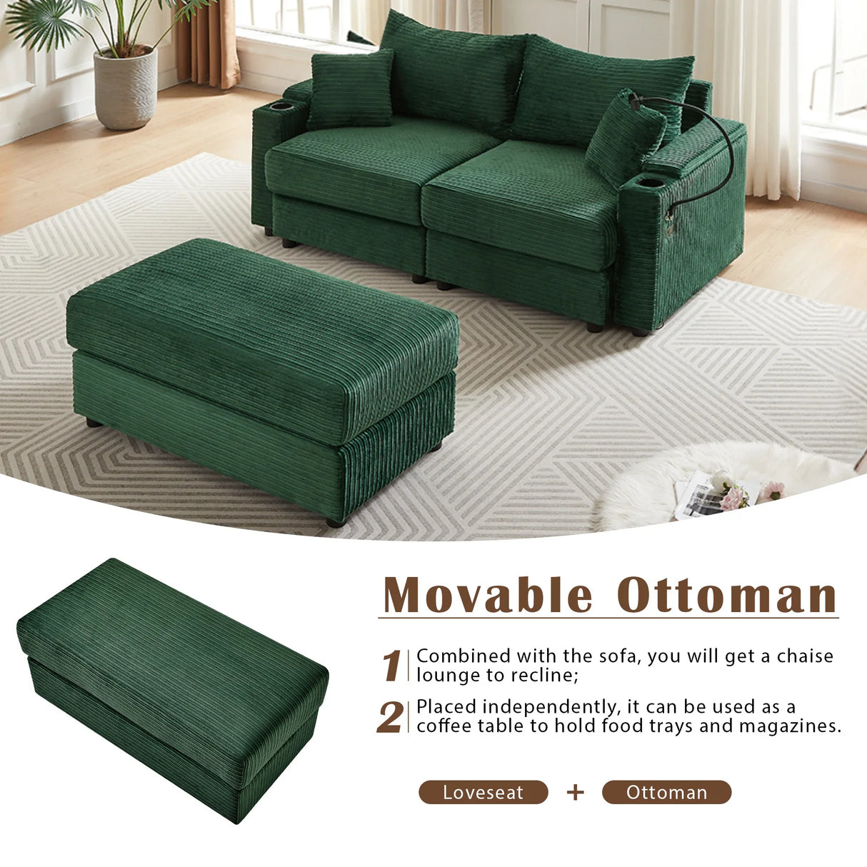 Sofa and Ottoman With Storage, Two USB Ports, Two Cup Holders and Phone Holder - Green - Furniture Home Direct