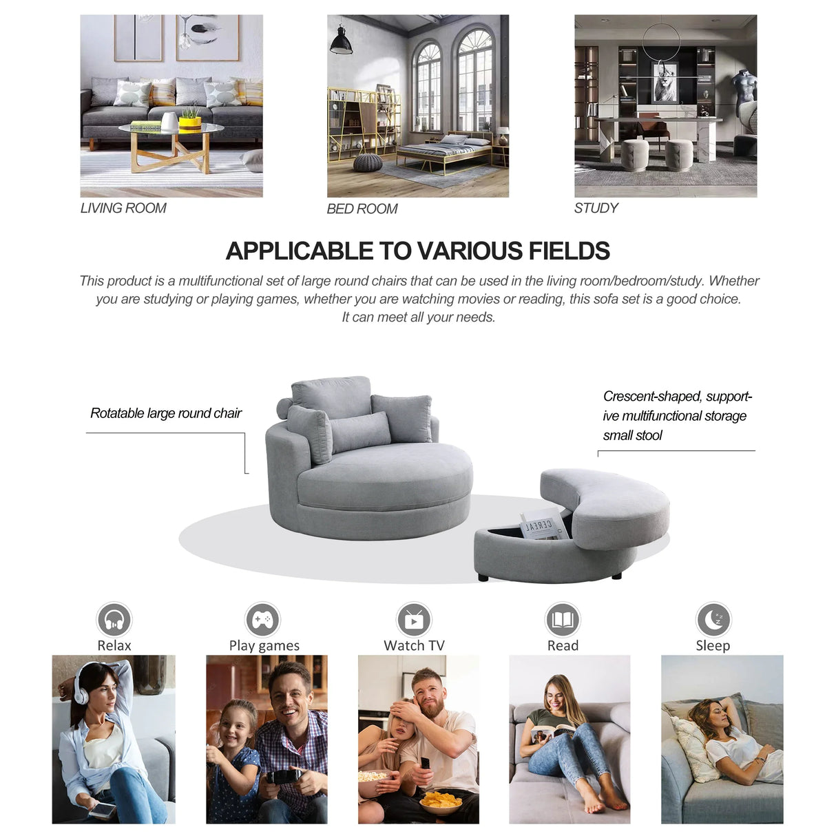 Linen Barrel Swivel Chair With Storage Ottoman - Furniture Home Direct