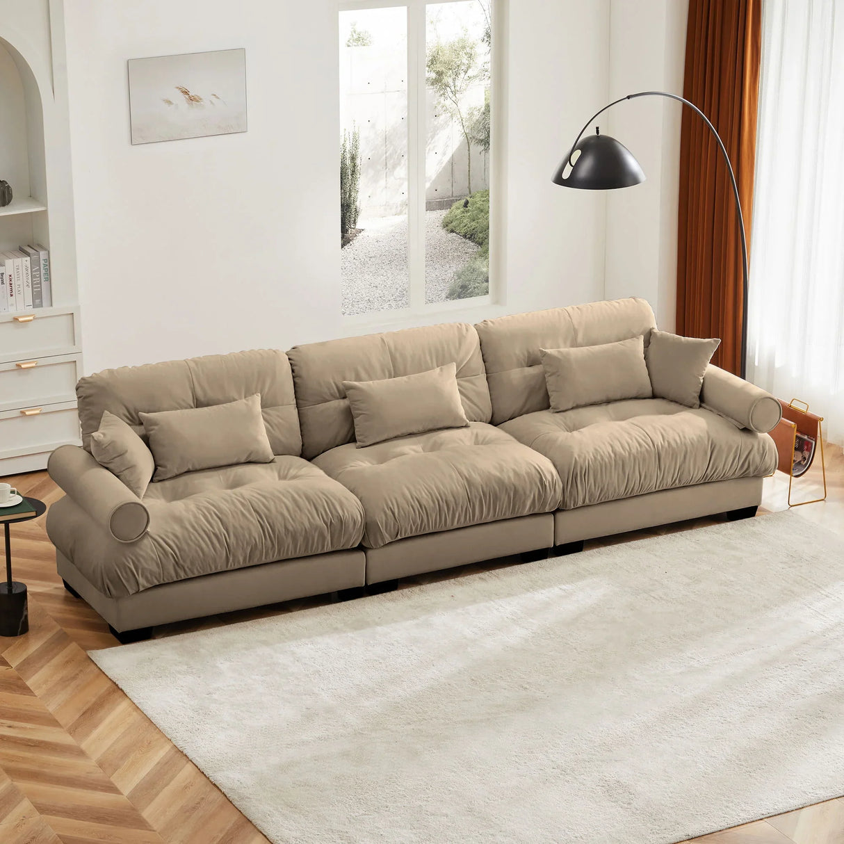 Modern Velvet Sofa With Bolstered Armrests And Pillows - Furniture Home Direct