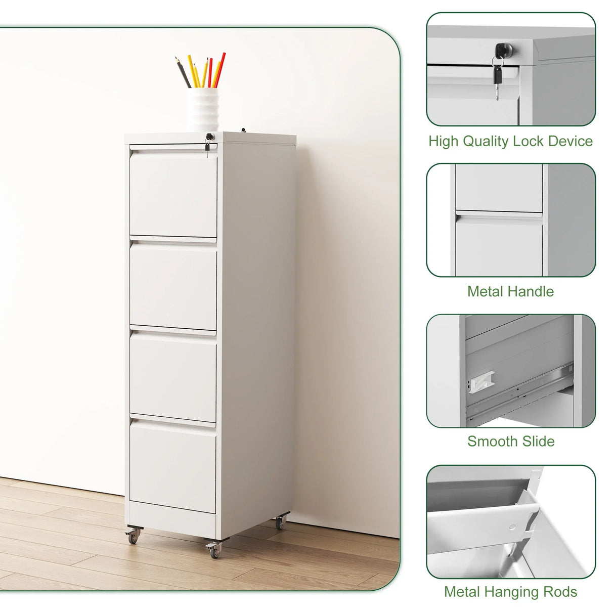 Drawer Metal Locking Vertical File Cabinet With Wheels Heavy Duty Lockable Storage - Furniture Home Direct