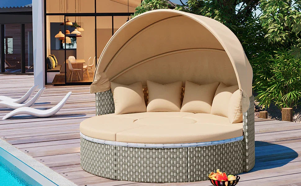 Outdoor Daybed With Canopy Weatherproof Rattan Beige - Furniture Home Direct