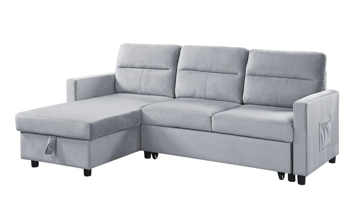 Ruby - Velvet Reversible Sleeper Sectional Sofa With Storage Chaise And Side Pocket - Light Gray - Furniture Home Direct