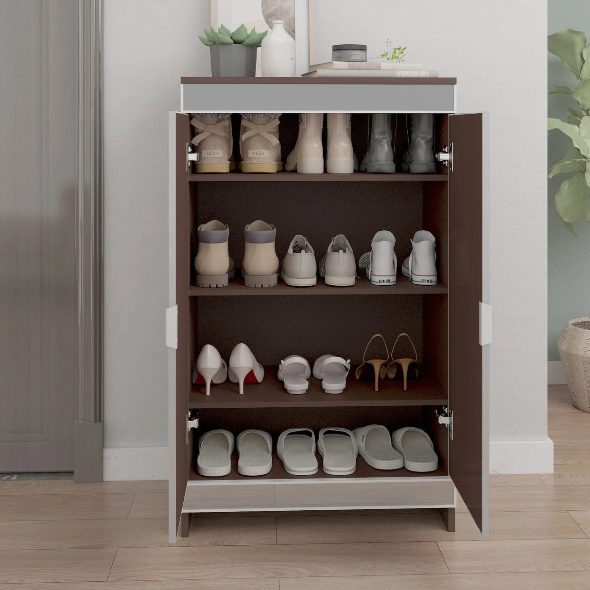 Elegant Decor Mirrored Shoe Cabinet With Edging Double Door Storage Cabinets Glass - Brown / Silver / Gray - Furniture Home Direct