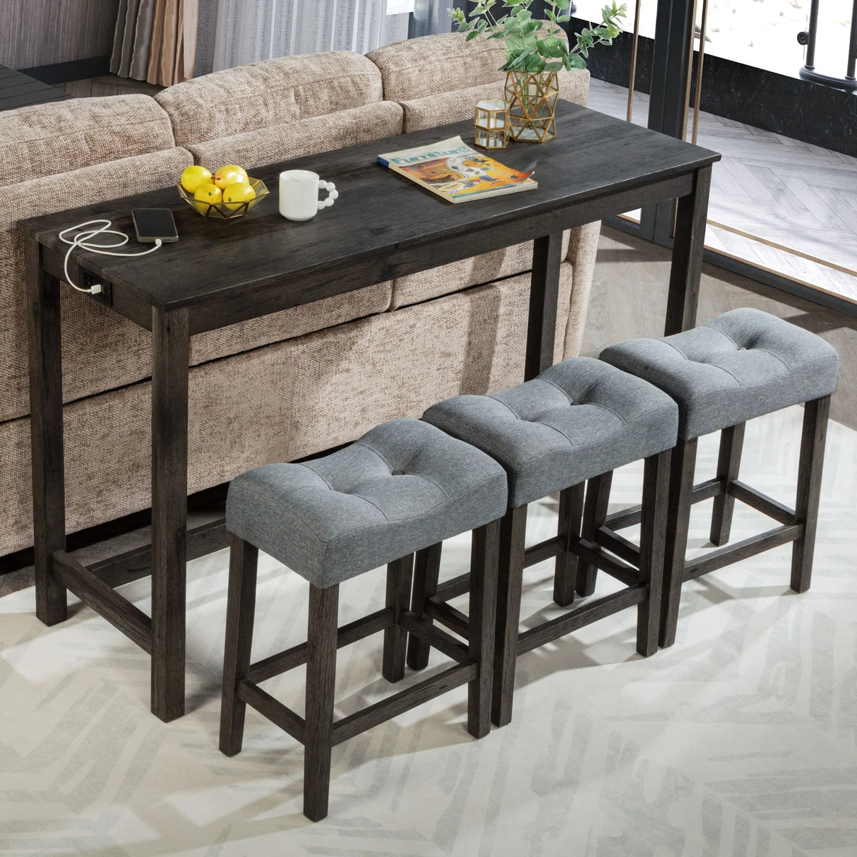 4 Piece Bar Table Set With Power Outlet, 3 Padded Stools - Furniture Home Direct