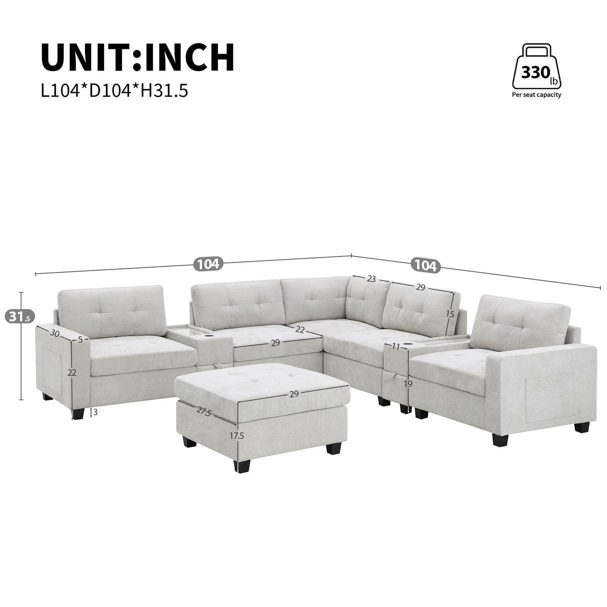 Sectional With Acrylic Table Top U Shaped Couch Set With 2 Consoles USB Charger, Storage Drawers And Pockets Movable Ottoman Tufted Sofa - Furniture Home Direct