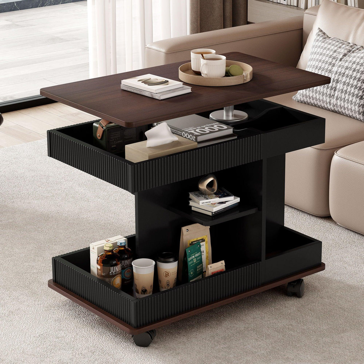 Adjustable End Table With Wheels, 360°Rotating Top And Storage Space - Furniture Home Direct