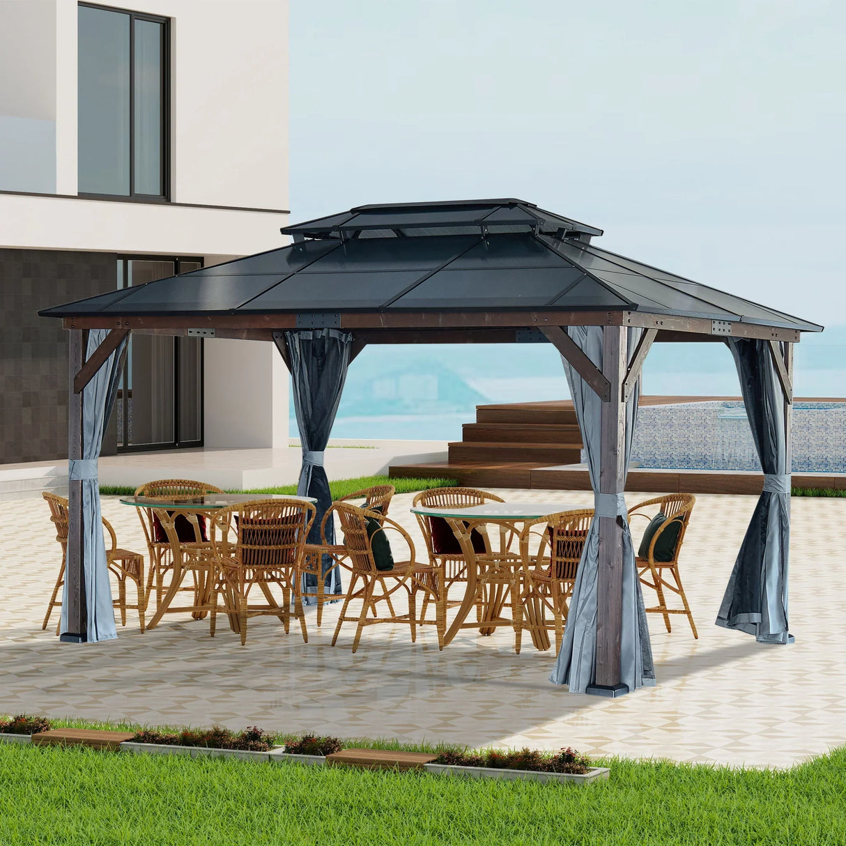 10' x 13' Hardtop Wood Gazebo For Patios, Outdoor Framed Gazebo With Polycarbonate Double Roof Canopy, Solid Wooden Framed Gazebo With Privacy Curtains And Mosquito Nettings For Garden, Backyard - Black - Furniture Home Direct
