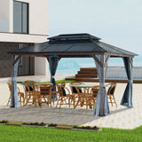 10' x 13' Hardtop Wood Gazebo For Patios, Outdoor Framed Gazebo With Polycarbonate Double Roof Canopy, Solid Wooden Framed Gazebo With Privacy Curtains And Mosquito Nettings For Garden, Backyard - Black - Furniture Home Direct