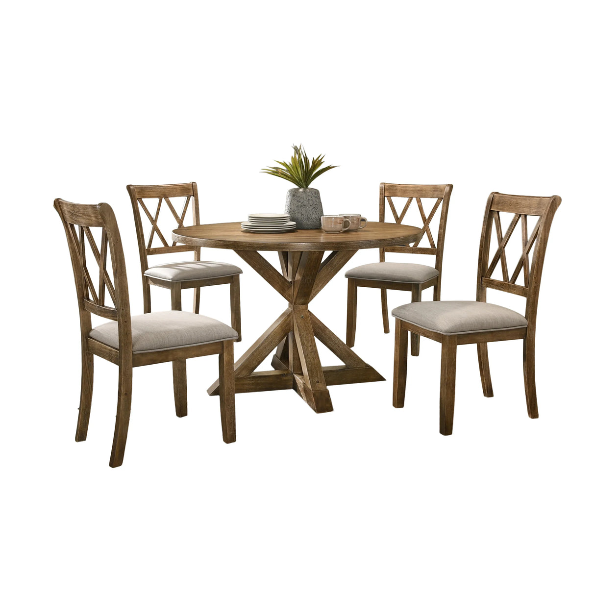 Dining Set Round Solid Wood Table Crossback Chairs Brown - Furniture Home Direct