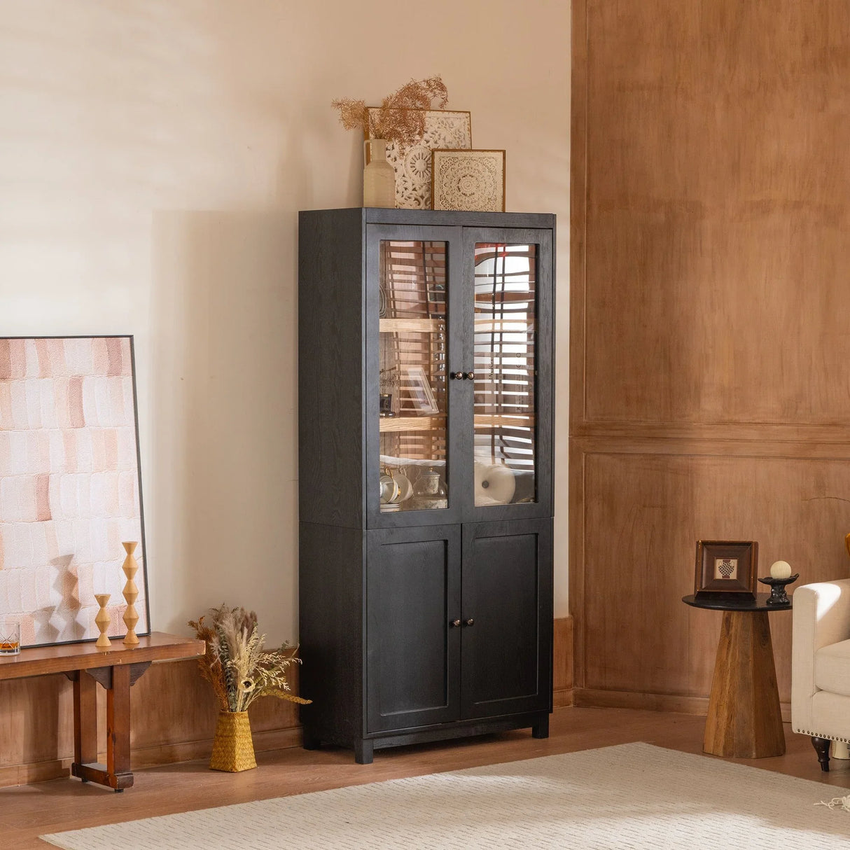 Mid Century Modern Style Tall Display Cabinet With Glass Doors For Collectibles - Black - Furniture Home Direct