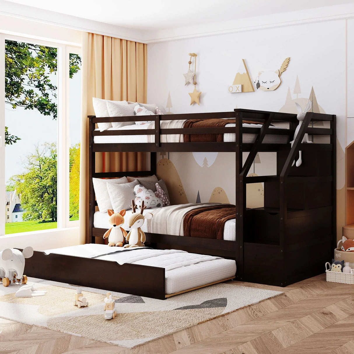 Twin Over Twin Bunk Bed With Twin Size Trundle And 3 Storage Stairs - Espresso - Furniture Home Direct