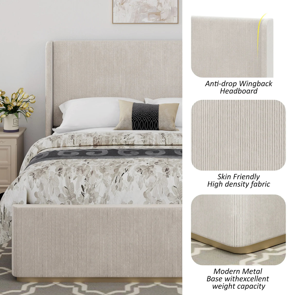 King Bed Corduroy Upholstered Storage Ottoman Light Grey - Furniture Home Direct