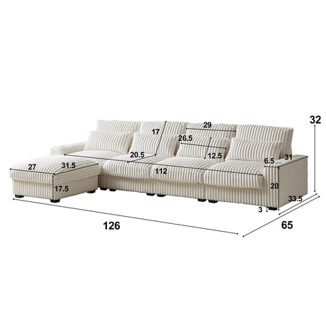 Corduroy With Cup Holder Super Large L Shaped Sofa, Movable Footrest, 4 Waist Pillows And 4 Back Cushion, With USB Port And Type - C Port - Beige - Furniture Home Direct