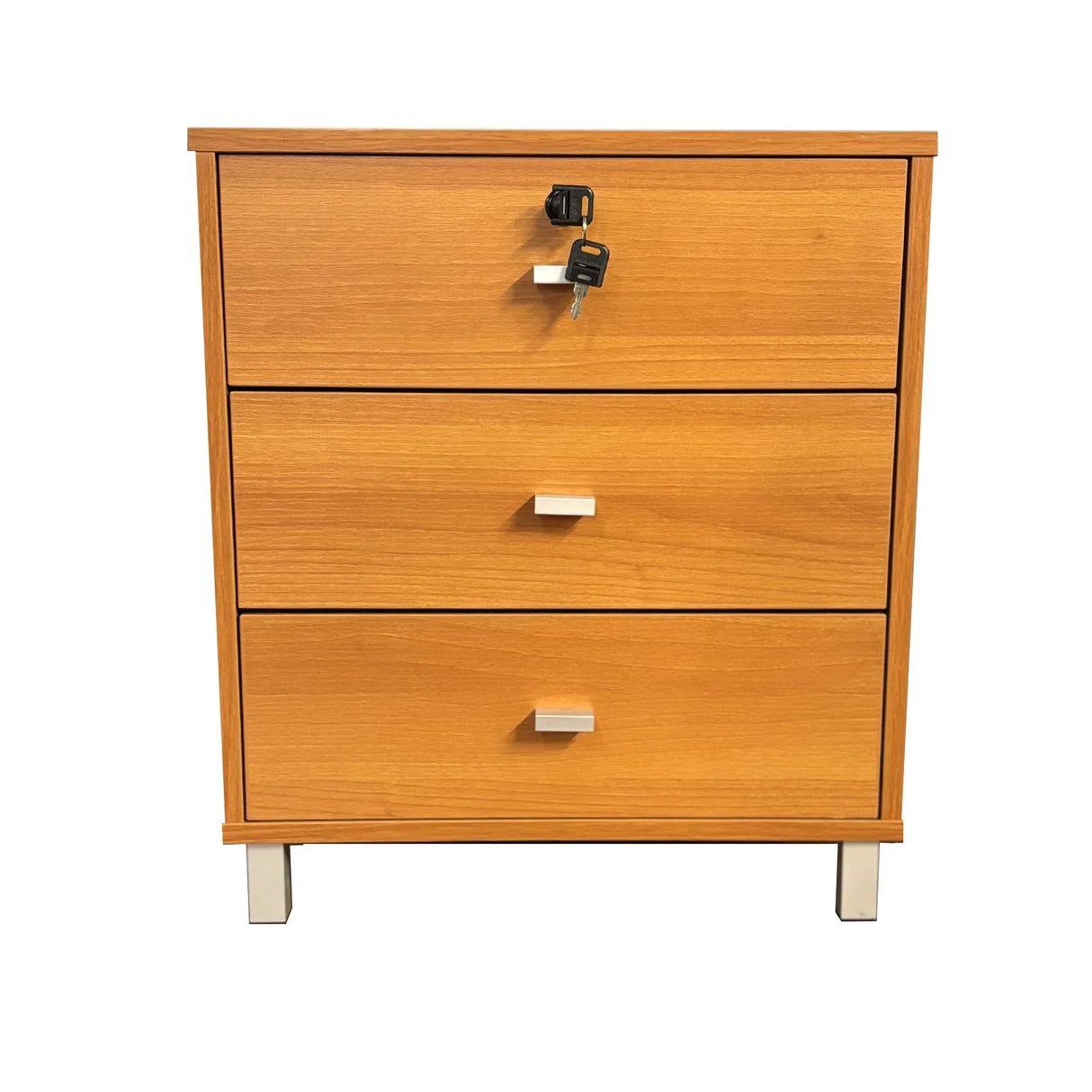 3 Drawer Nightstand Locking Top Drawer Metal Drawer Glides Metal Bar Handles - Furniture Home Direct