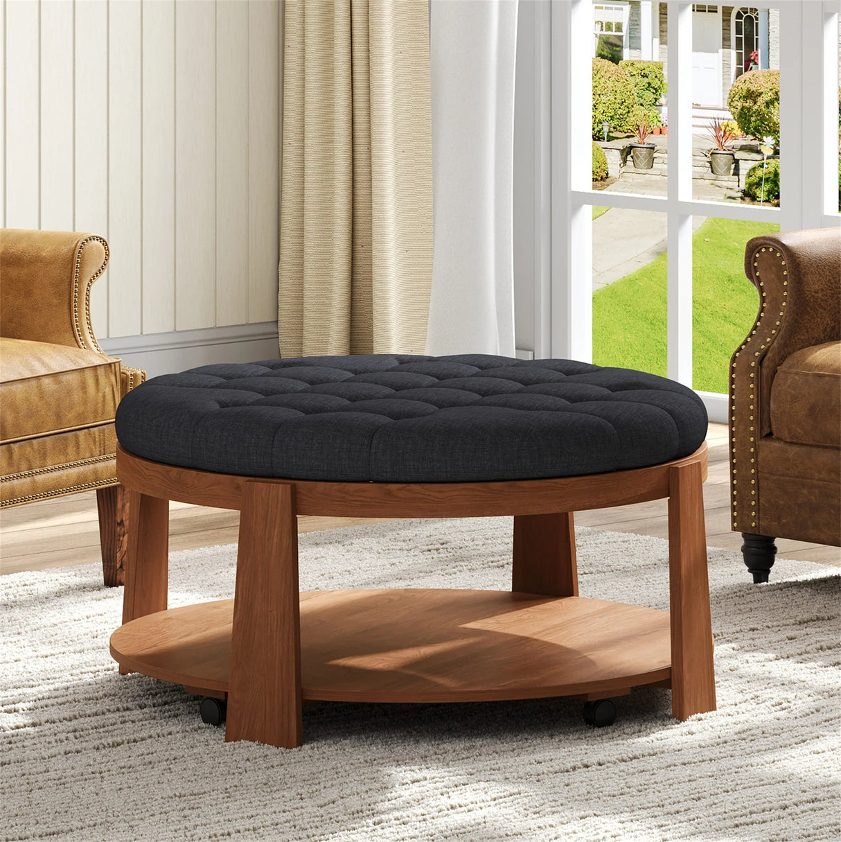 Round Ottoman Coffee Table Oversized Tufted Wood Base Black - Furniture Home Direct