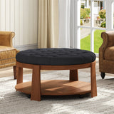 Round Ottoman Coffee Table Oversized Tufted Wood Base Black - Furniture Home Direct